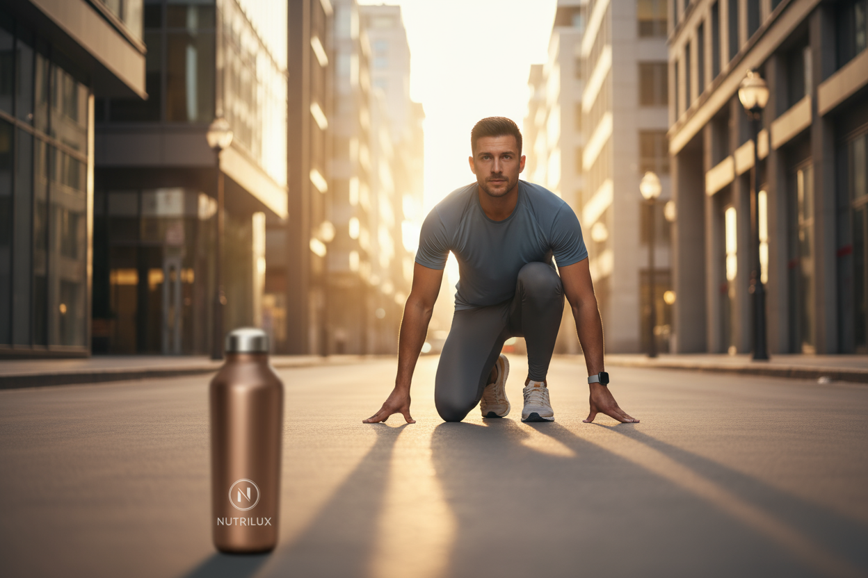 Athletic man preparing to run on a city street at sunrise, wearing modern sportswear. The atmosphere is clean, minimalist, and motivating — representing focus, balance, and strength. The color tones are natural and premium, matching a high-end fitness supplement brand aesthetic (Nutrilux style). Soft depth of field, professional lighting.